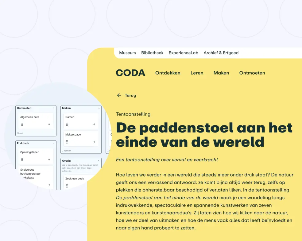 Een afbeelding met uitleg over hoe we van een card sorting met CODA bezoekers naar een logische menustructuur zijn gekomen