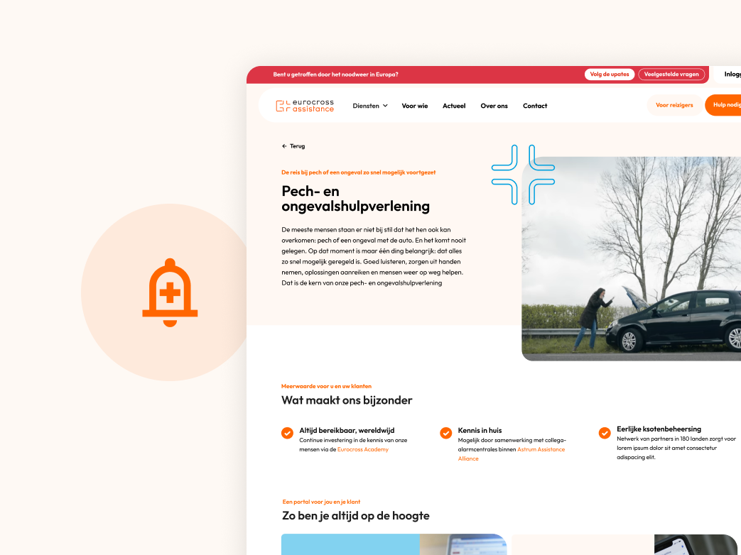 Een schermafbeelding over de dienst: pech- en ongevalshulpverlening op de Eurocross website.