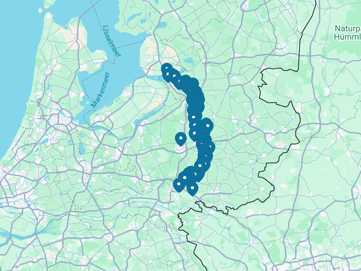 Markers op de kaart laten zien waar alle verhalen rondom de Ijssel vandaan komen