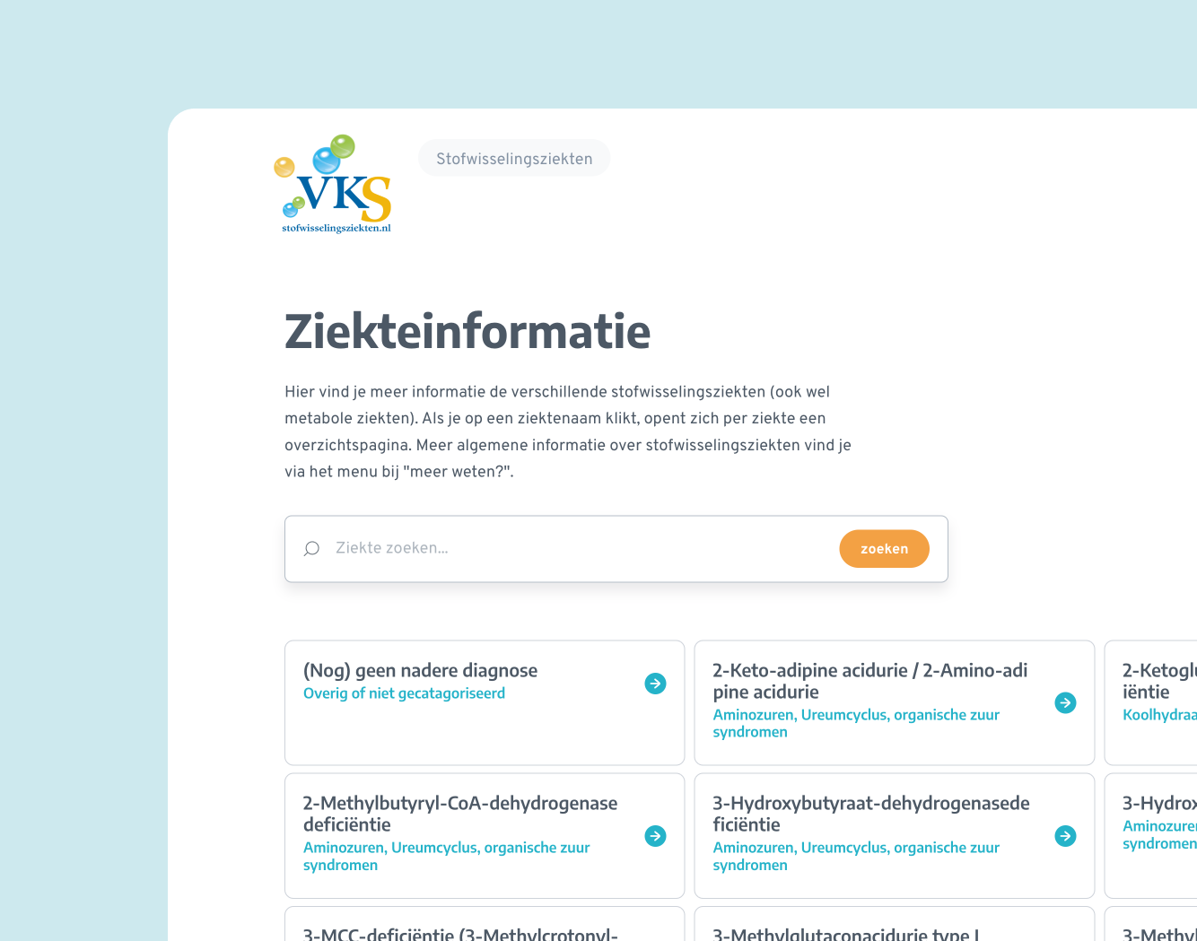 Afbeelding van de VKS kennisbank. Hier kan je alle ziekteinformatie vinden van elke stofwisselingsziekte