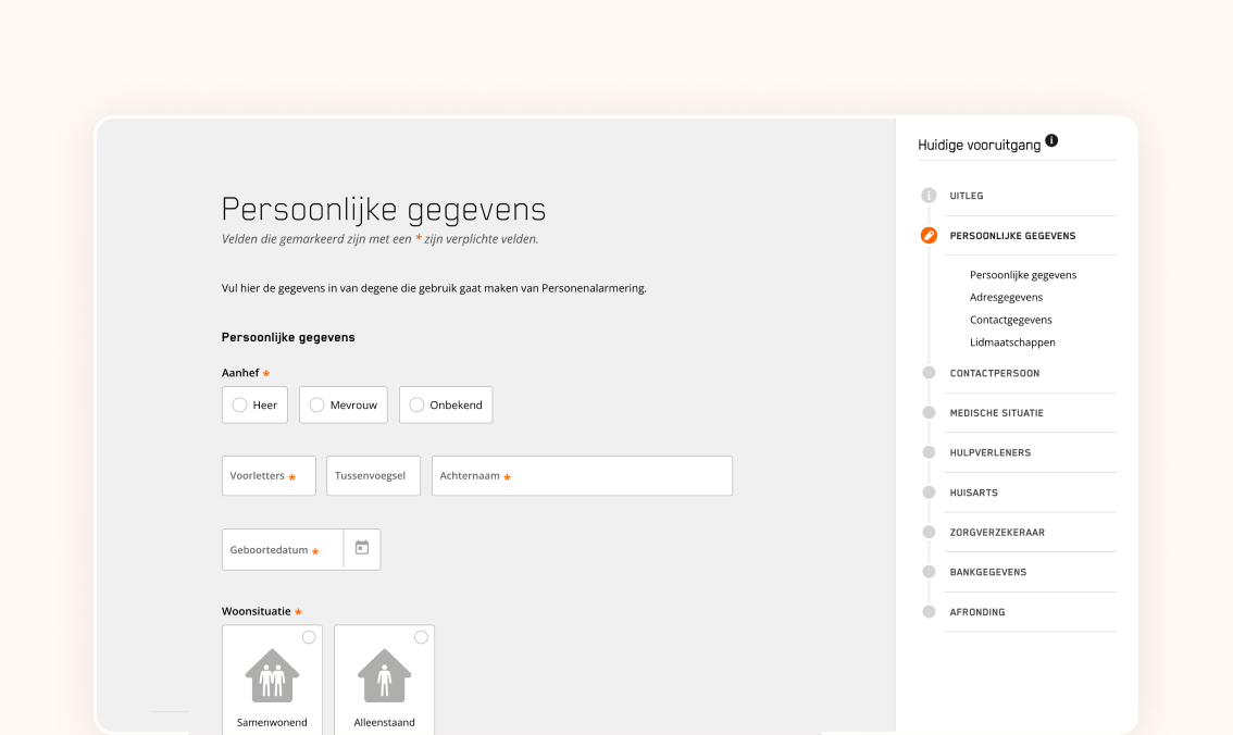 Een schermafbeelding van het aanvraagformulier voor personenalarmering van Eurocross