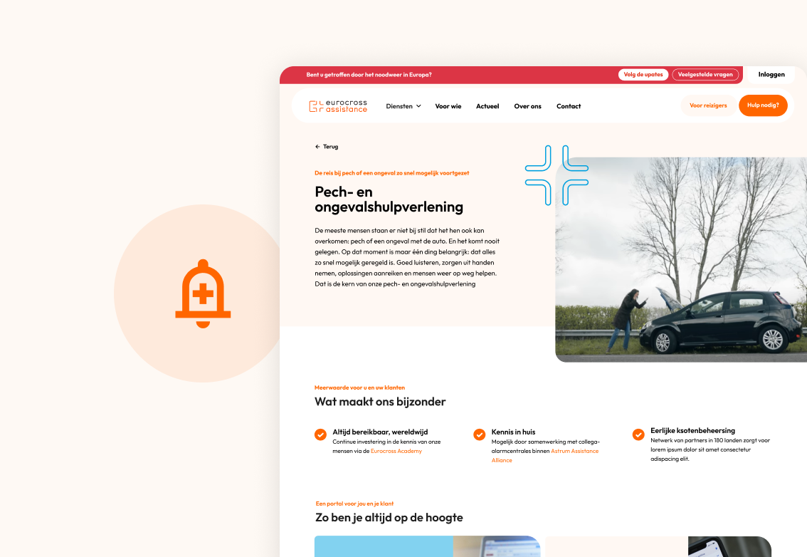 Een schermafbeelding over de dienst: pech- en ongevalshulpverlening op de Eurocross website.
