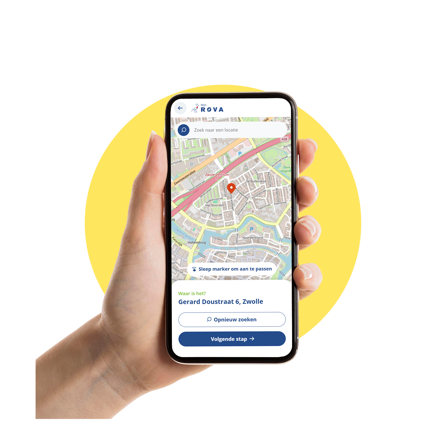 Een mobiel vast in een hand. Op het scherm zien we de 'locatie kiezen' stap tijdens het maken van een melding