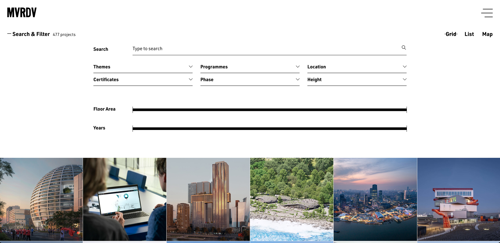 Afbeelding van filters op de MVRDV projectenoverzicht pagina