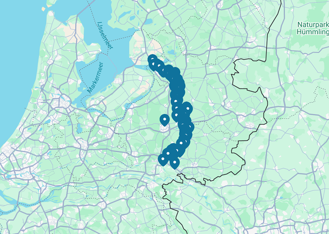 Markers op de kaart laten zien waar alle verhalen rondom de Ijssel vandaan komen